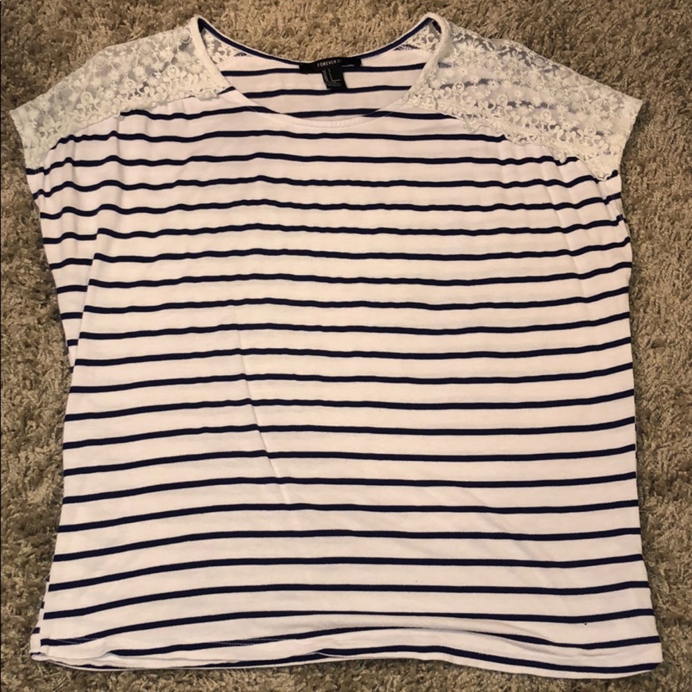 White and blue top with laced shoulders